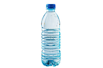 Clear plastic bottle filled with water, featuring a blue cap and visible condensation. Perfect for hydration, travel, and outdoor activities.