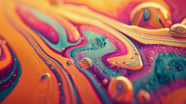 A close up of a colorful liquid with bubbles and droplets, AI