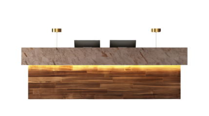 Elegant reception desk with modern lighting, perfect for office or hotel lobbies. Stylish and functional furniture for professional environments.