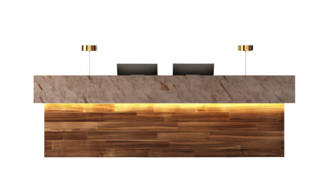 Elegant reception desk with modern lighting, perfect for office or hotel lobbies. Stylish and functional furniture for professional environments.