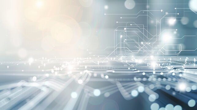 The image depicts an abstract digital circuit board with a network overlay, suggesting connectivity and technological innovation
