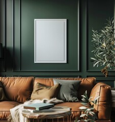 Close up of an empty white frame on stylish dark green wall with modern brown leather sofa