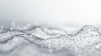 Grayscale image of a digital wave pattern created by a network of nodes and lines with bokeh lights