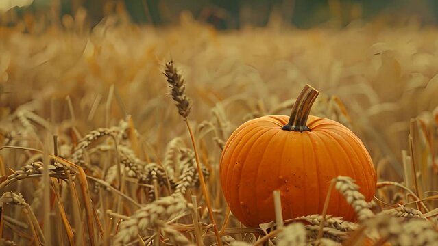 Pumpkin in Wheat Field during Autumn with Ai generated.
