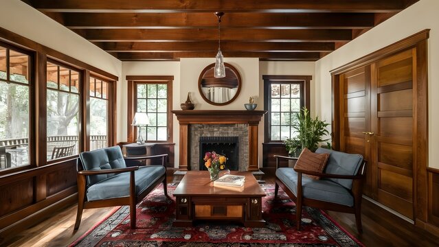 "Write about the intricate woodwork details inside a Craftsman bungalow."

