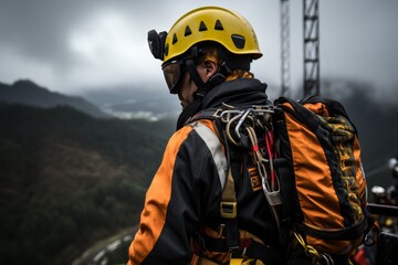 Naklejka premium A rescue worker wearing a hard hat and safety gear is standing on a mountaintop overlooking a valley. The sky is cloudy and the mountains are in the distance