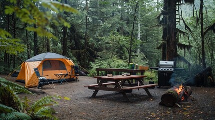 A well-organized camping setup with a picnic table, chairs, and a barbecue grill, surrounded by dense forest