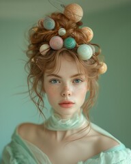 Naklejka premium A young girl surrounded by 3D model planets representing the solar system orbiting around her head. 