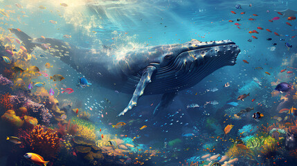Majestic Blue Whale Swimming Gracefully Through Vibrant Coral Reef