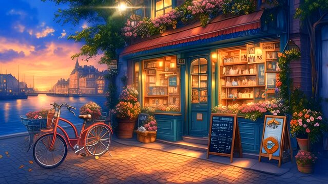 Cafe exterior at night with a bright and calm atmosphere. Seamless looping time-lapse animation background.
