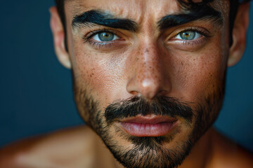 Fototapeta premium Close Up Portrait of Hispanic Man with Makeup and Natural Freckles