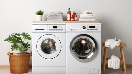 Compact laundry area in a small minimalist house with stacked washer and dryer, minimal cabinetry, and efficient layout, isolated on a white background. 3d Clipart, Isolate on white background,