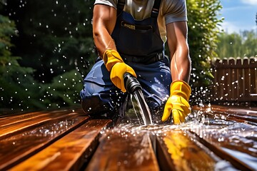 Naklejka premium High-Pressure Water Cleaner for Surface Terrace and Wooden Deck - Professional Cleaning Equipment