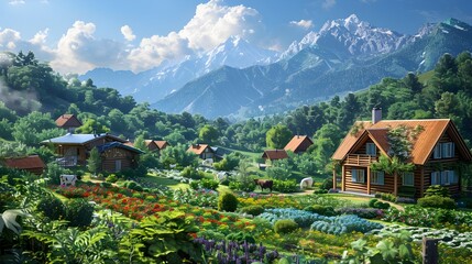 Obraz premium Idyllic Sustainable Rural Homestead with Organic Gardens and Renewable Energy