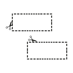 Coupon icon set. Dotted line rectangles. Scissors cutting edges. Vector graphic.