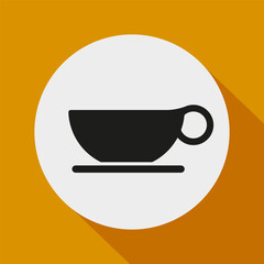 Cup icon vector. Black coffee cup. White circle background. Orange backdrop.