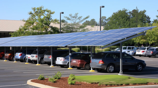 solar panels as shade for cars in parking lot, eco friendly green energy