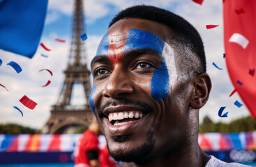 African sportsman, male player celebrating victory at sports competition, he has makeup with the colours of France, confetti around and Eiffel tower in the background