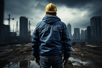 A construction worker in a hard hat stands at a destroyed city looking at the ruins of a post-apocalyptic cityscape with dark clouds looming overhead