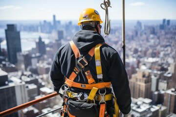 A worker in a hard hat and safety harness is on a rooftop, looking over a city skyline. The worker wears black attire and a bright yellow harness