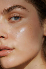 Detailed Close-Up of a Young Woman in Her 20s with Glowing, Healthy Skin, Without Makeup