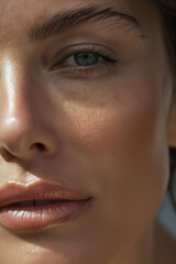 Naklejka premium Detailed Close-Up of a Young Woman in Her 30s with Glowing, Healthy Skin, Without Makeup