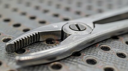 Close-up view of metal pliers resting on a perforated metallic surface, highlighting the textured grip and precision engineering details