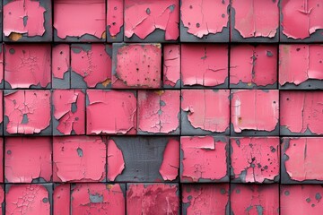 A close-up view of a grid of metal panels with vibrant pink paint that is peeling and cracking, exposing the underlying rusted and dark grey surfaces beneath