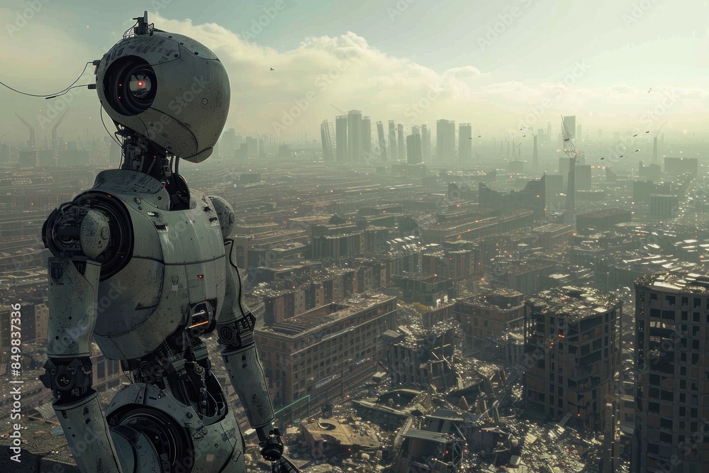 Wall mural A robot stands in a ruined city, looking at destroyed city. - Wall murals