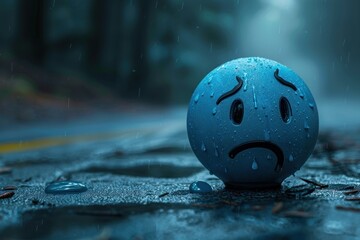 A blue ball with a frowning face is sitting in a puddle of water.