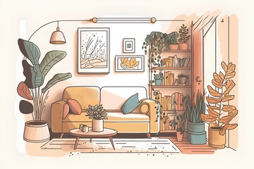 Living room interior with furniture and plants. Cozy living room. Vector illustration.