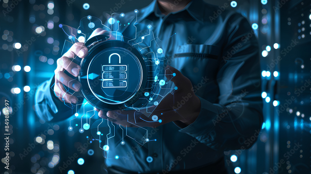 Poster businessman holding backup icon and global network with analyzing technological data, data security,