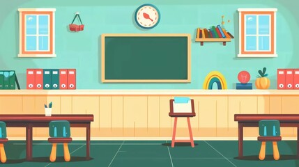 Fototapeta premium School Classroom Interior Room Blackboard Furniture Flat Design Vector which is very beautiful