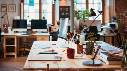 A modern open-plan office space featuring a row of desks equipped with computers, stationery, plants, and other office supplies, reflecting a productive and creative work environment