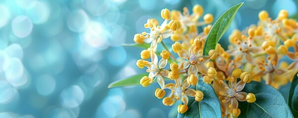 A close-up view of vibrant yellow flowers with lush green leaves and a soft focus turquoise bokeh...