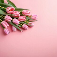 Beautiful composition spring flowers. Bouquet of pink tulips flowers on pastel pink background. Valentine's Day,Easter,Birthday,Happy Women's Day,Mother's Day. Flat lay,top view,copy space,