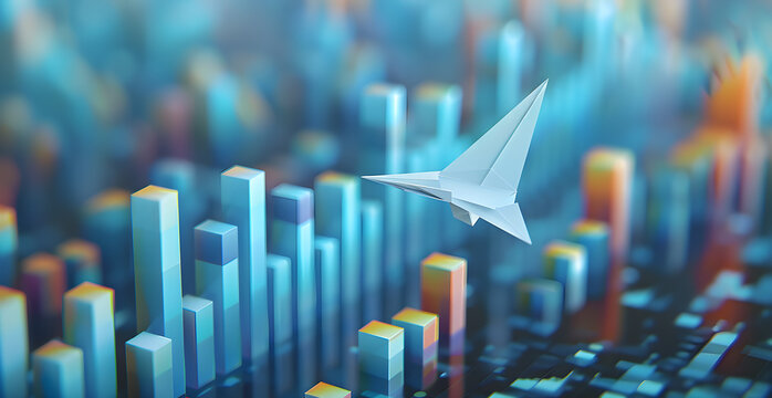 A paper airplane is flying over a cityscape of tall buildings - Powered by Adobe
