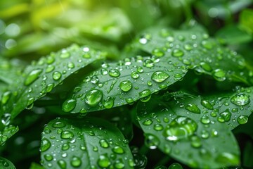 Close-up image of vibrant green leaves with water droplets glistening in sunlight, creating a refreshing and serene natural atmosphere
