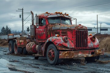 An old, rusty, and abandoned red truck sits in a dilapidated state on a muddy road with industrial buildings and telephone poles in the background