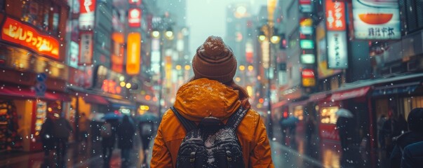 Obraz premium Individual wearing a yellow winter jacket and backpack standing in snow-covered urban street with brightly lit neon signs and bustling crowd in background