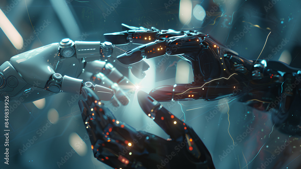 Poster hands of robot and human touch customer support of global networking, integration of artificial inte