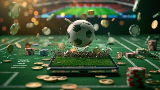 Soccer ball on phone screen with gold coins and scattered money. Concept of gambling or sports lotto, Online casino.