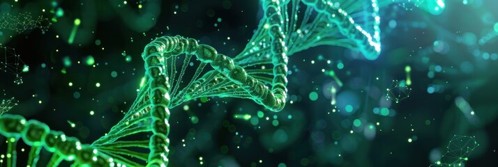 Green abstract artificial intelligence DNA technology. Science concept. Futuristic connection structure with cell background.