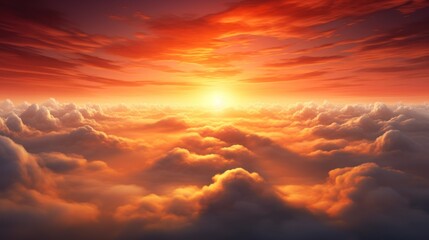 Fototapeta premium sunset with a fiery orange sun sinking below , warm glow over the clouds and the landscape below. 