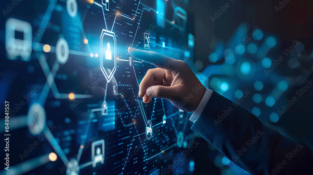 Poster businessman pointing with cybersecurity icon and technological business data network. ensuring data 