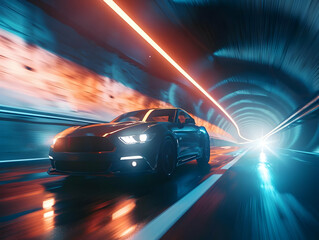 Obraz premium A car driving through a tunnel with its headlights on