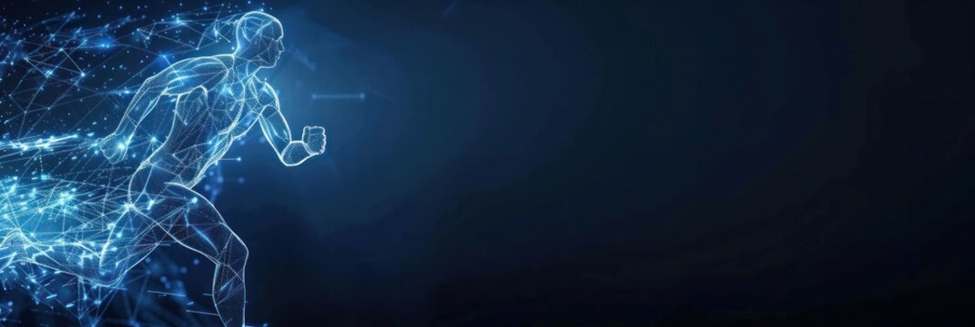 Sports and technology background. Abstract running man form lines and triangles, point connecting network.