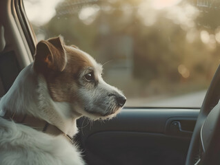 A car with a pet dog looking out the window