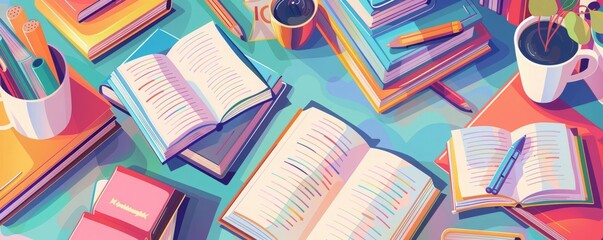 library books flat design top view cozy reading theme cartoon drawing vivid