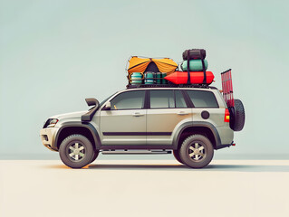 Fototapeta premium A car with a roof rack loaded with camping gear